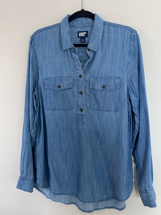 Lands' End Tops - Lands’ End Chambray Lyocell Popover Top Utility Coastal Grandma